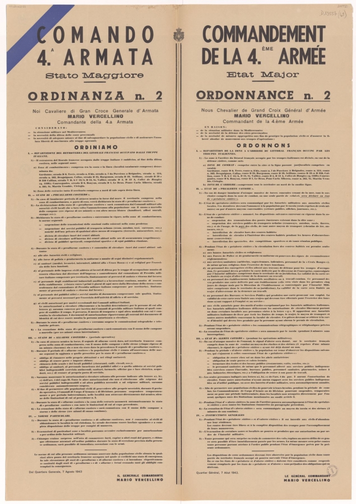 Commandement de la 4ème Armée. Etat Major : Ordonnance n°2 [version bilingue italien/français sur la situation militaire en Provence et Méditerranée]