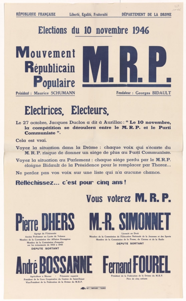 Département de la Drôme. Élections du 10 novembre 1946 : Mouvement Républicain Populaire M.R.P. [Pierre Dhers, M.-R. Simonnet, André Bossanne et Fernand Fourel]