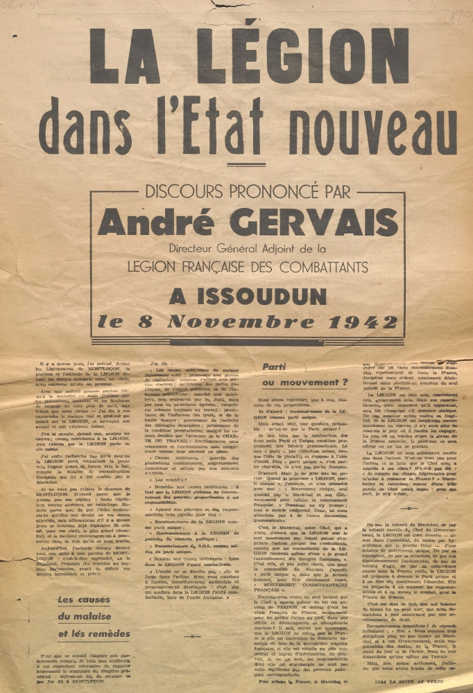 La Légion dans l'État nouveau : discours prononcé par André Gervais à Issoudun, le 8 novembre 1942 [bulletin d'informations]