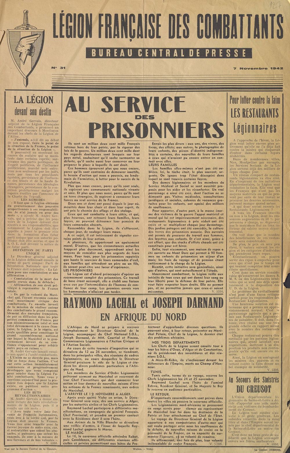 Légion française des combattants. Bureau central de presse [n° 31, 7 novembre 1942] : la Légion devant son destin [bulletin d'informations]