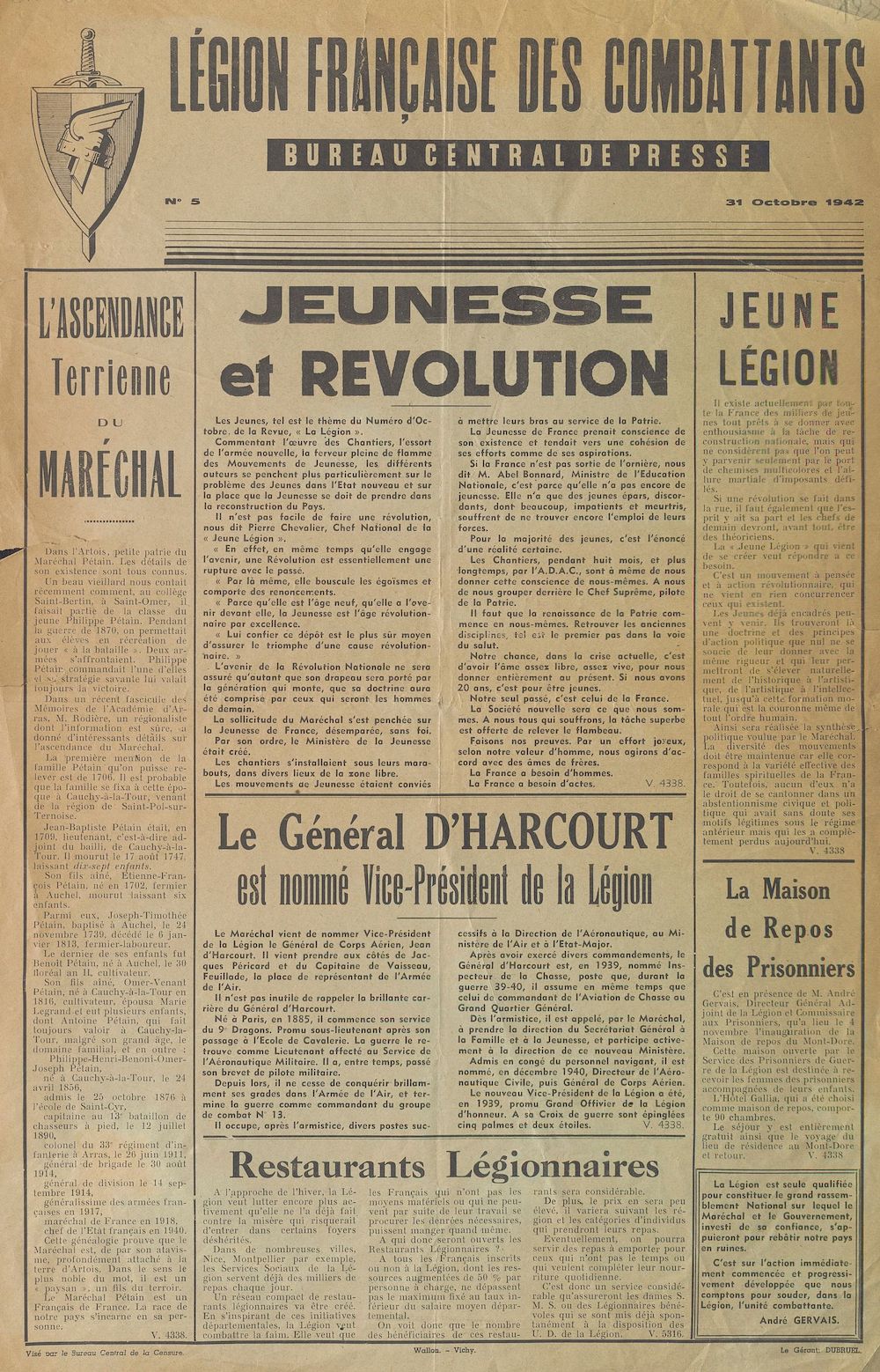 Légion française des combattants. Bureau central de presse [n°5, 31 octobre 1942] : Jeunesse et Combattants [bulletin d'infomations]