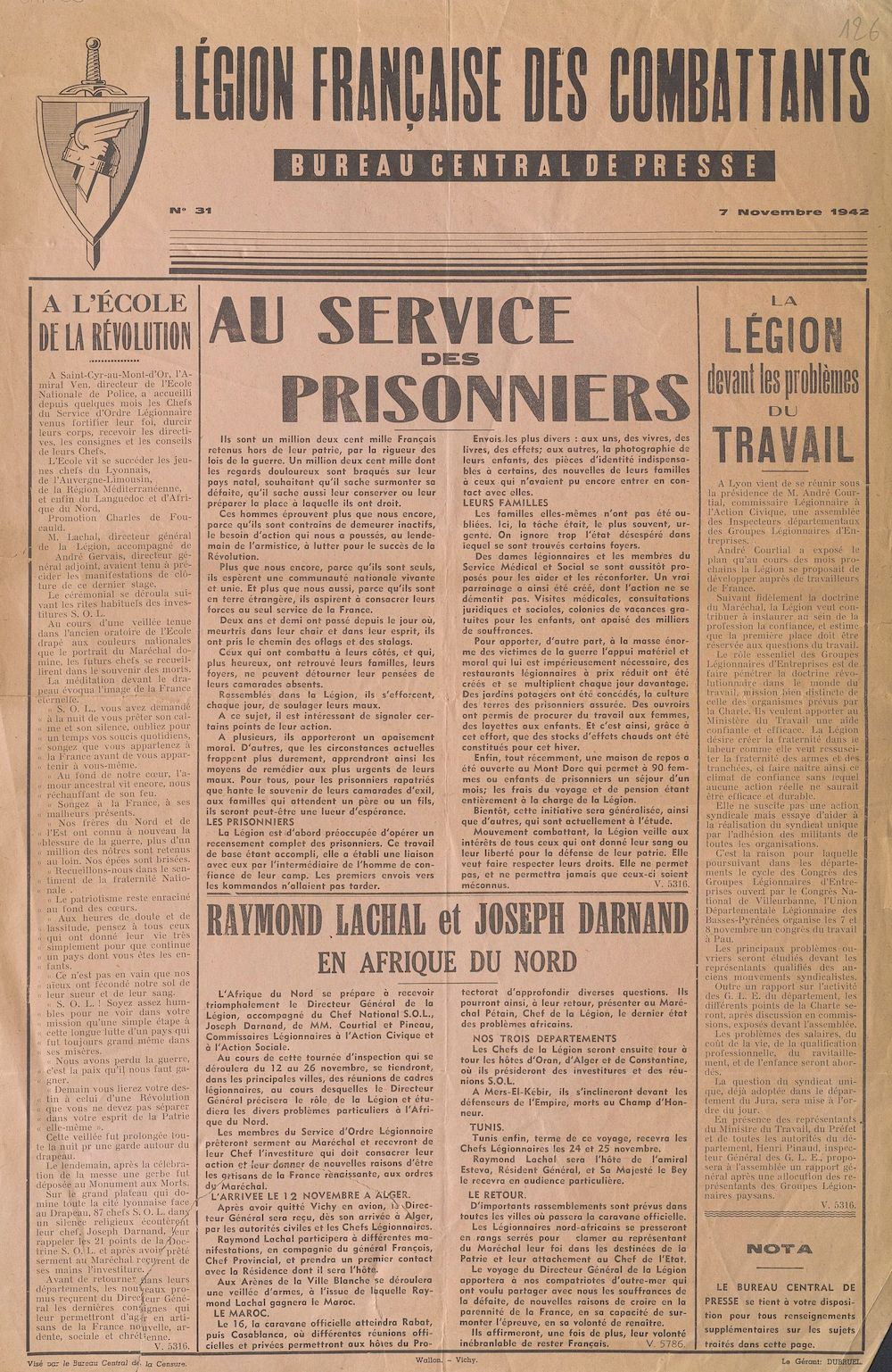 Légion française des combattants. Bureau central de presse [n° 31, 7 novembre 1942] : A l'école de la Révolution [bulletin d'informations]