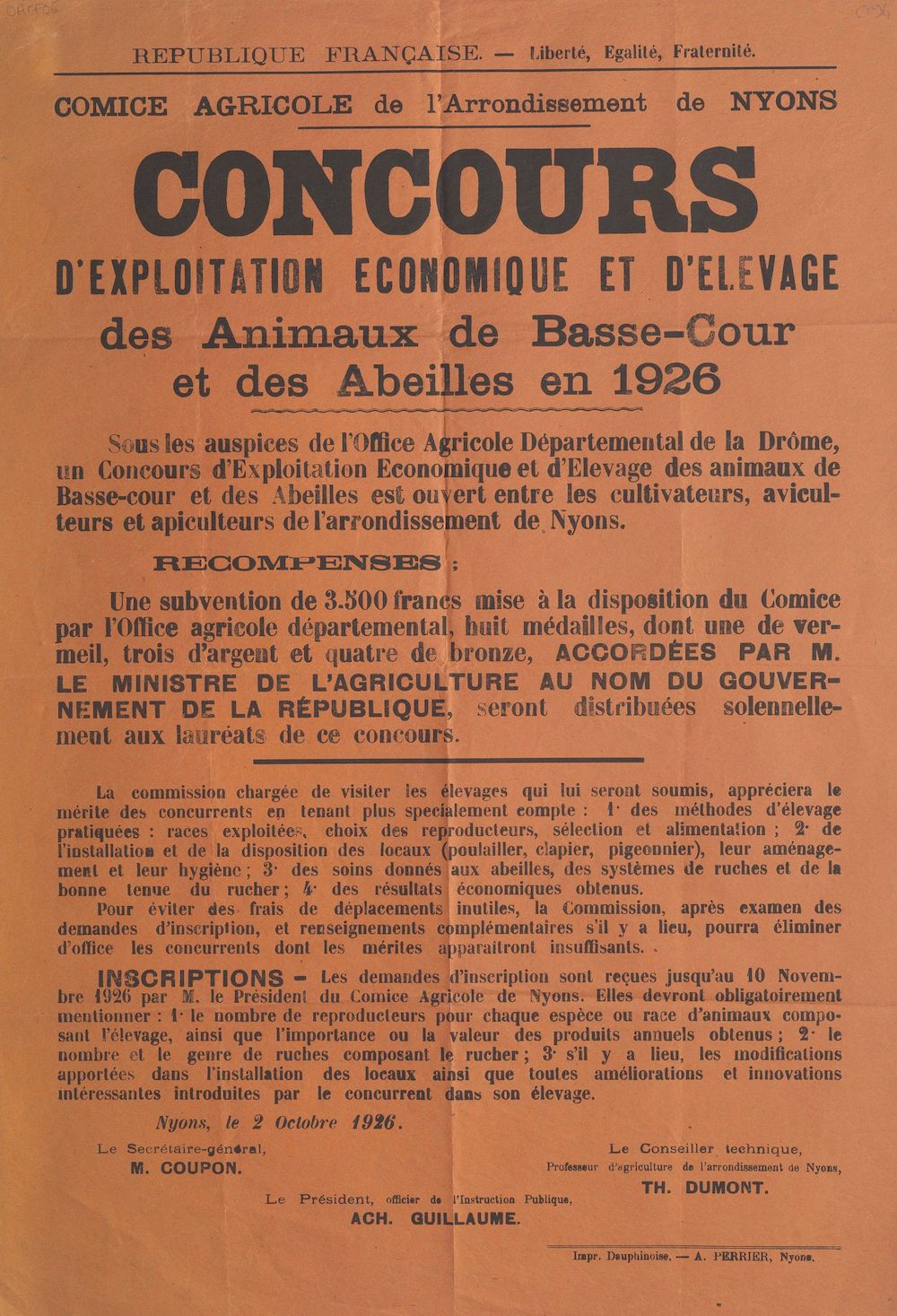 Comice agricole de l'arrondissement de Nyons : concours d'exploitation économique et d'élevage des animaux de basse-cour et des abeilles en 1926