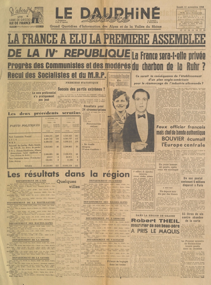 La France a élu la première assemblée de la IVème République [Le Dauphiné Libéré, lundi 11 novembre 1946]