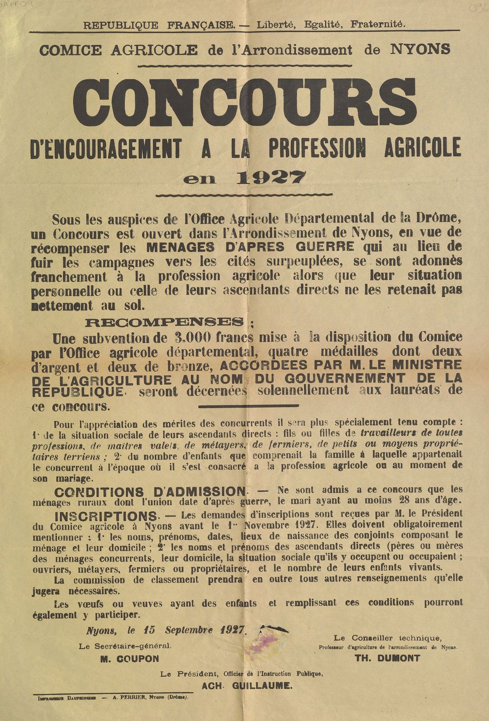 Comice agricole de l'arrondissement de Nyons : concours d'encouragement de la profession agricole en 1927