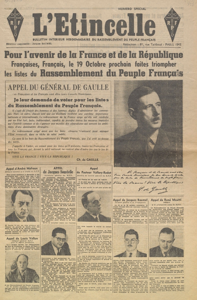 Pour l'avenir de la France et de la République [L'Étincelle. Bulletin intérieur hebdomadaire du Rassemblement du Peuple Français. Numéro spécial]