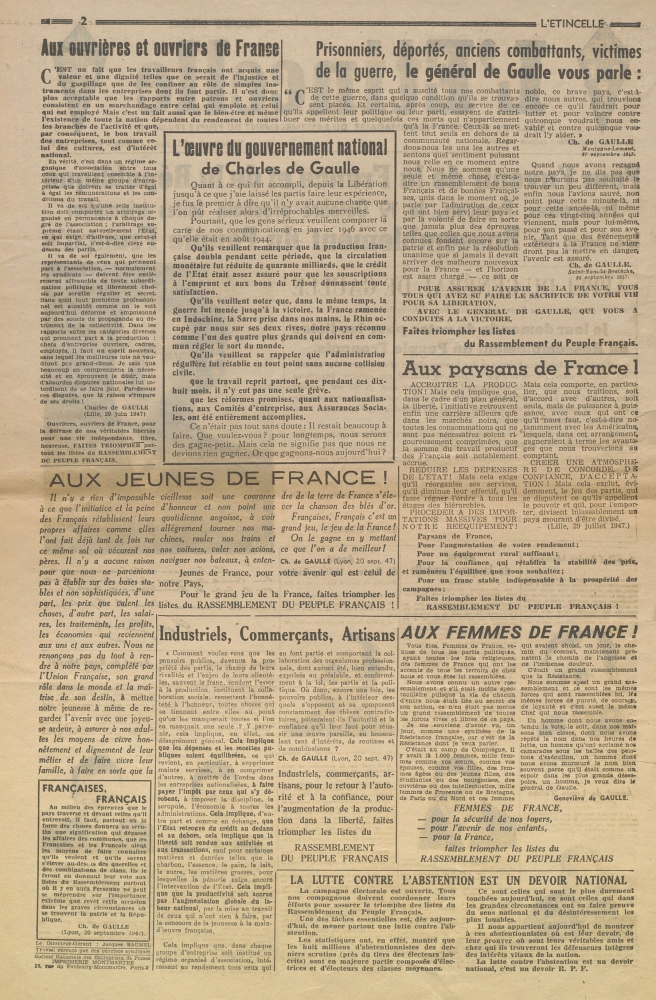 Pour l'avenir de la France et de la République [L'Étincelle. Bulletin intérieur hebdomadaire du Rassemblement du Peuple Français. Numéro spécial]