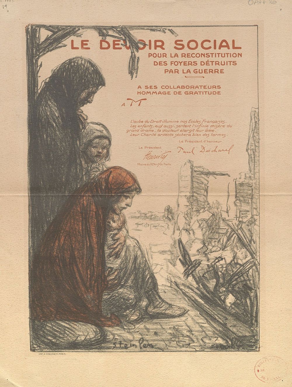 Le devoir social pour la reconstitution des foyers détruits par la guerre : [estampe] / Théophile Alexandre Steinlen