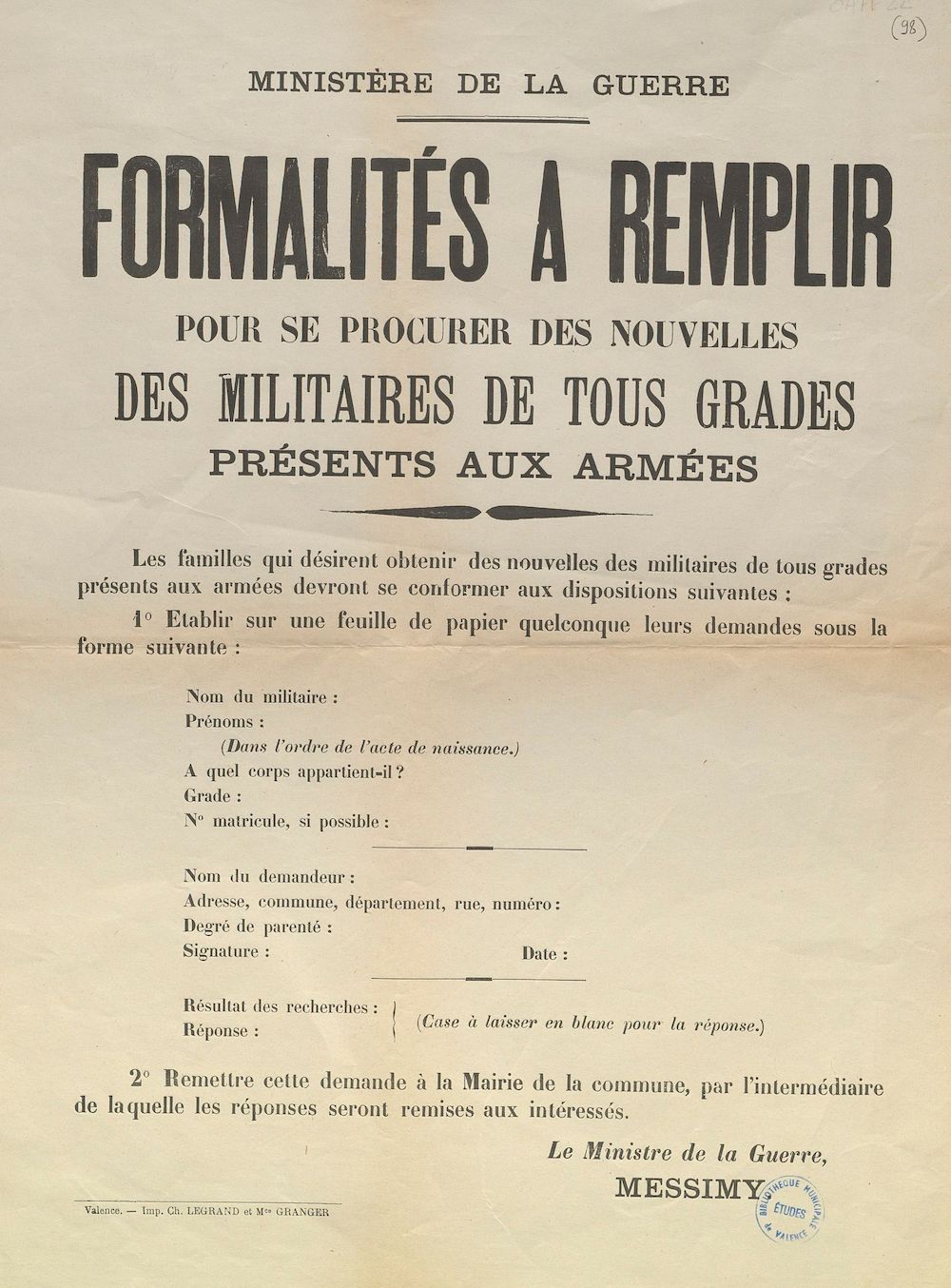 Minsitère de la Guerre : Formalités à remplir pour se procurer des nouvelles des militaires de tous grades présents aux armées