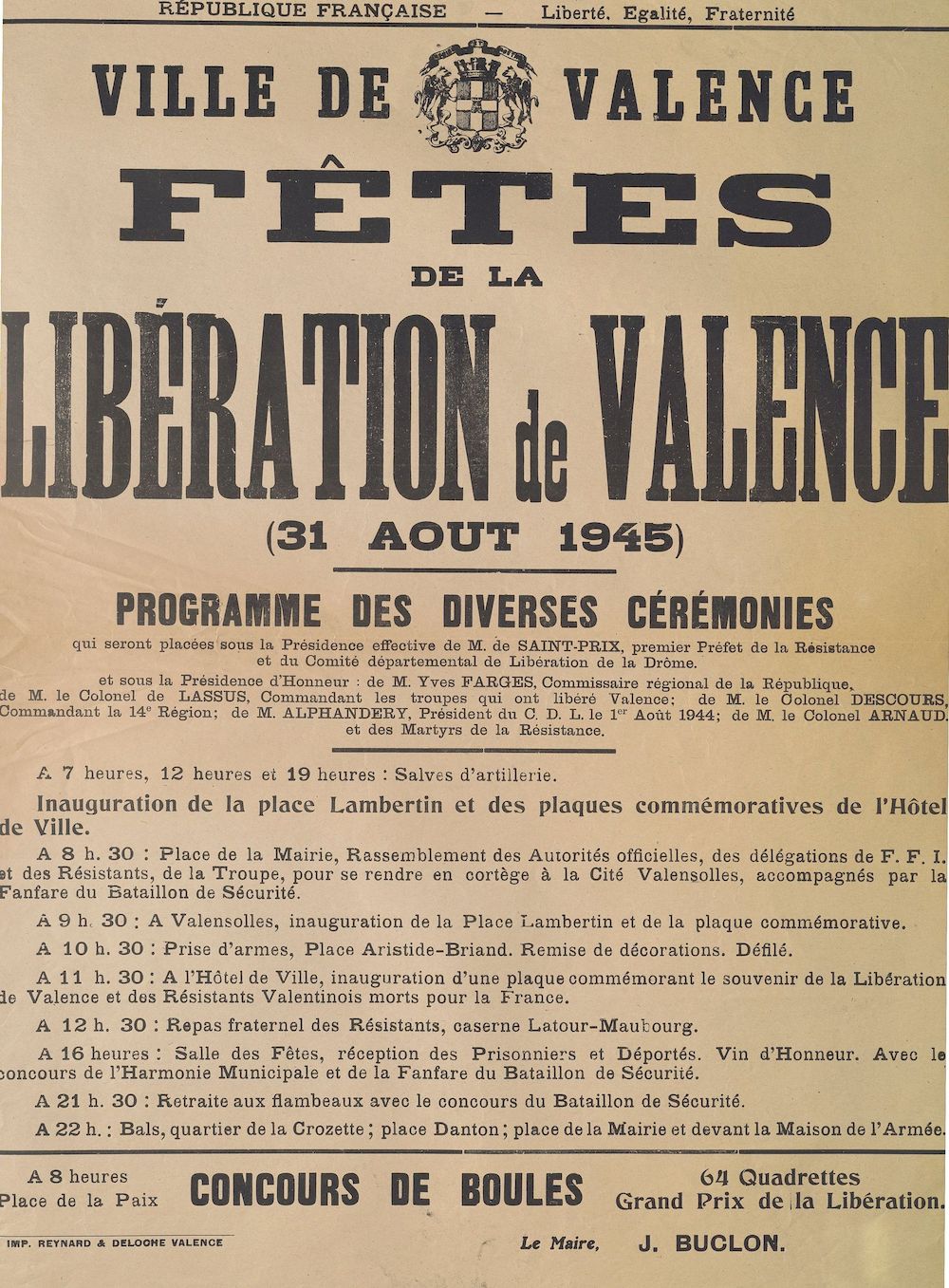 Ville de Valence. Fêtes de la Libération de Valence (31 août 1945) : programme des diverses cérémonies