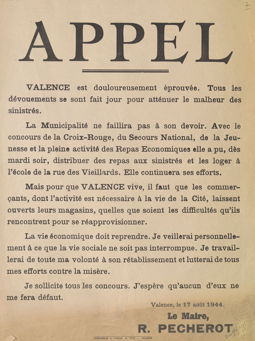 Appel [signé R. Pécherot, maire de Valence pour la reprise de la vie économique, 17 août 1944]