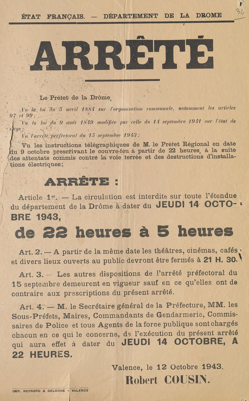 Département de la Drôme. Arrêté [signé Robert Cousin, préfet de la Drôme sur le couvre-feu, 12 octobre 1943]