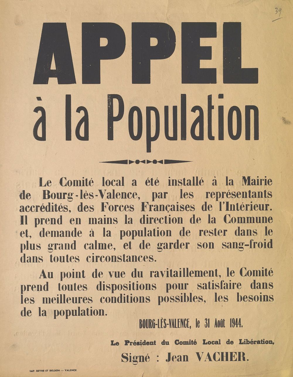 Appel à la population [avis sur l'installation du Comité Local de Libération de Bourg-lès-Valence, 31 août 1944]