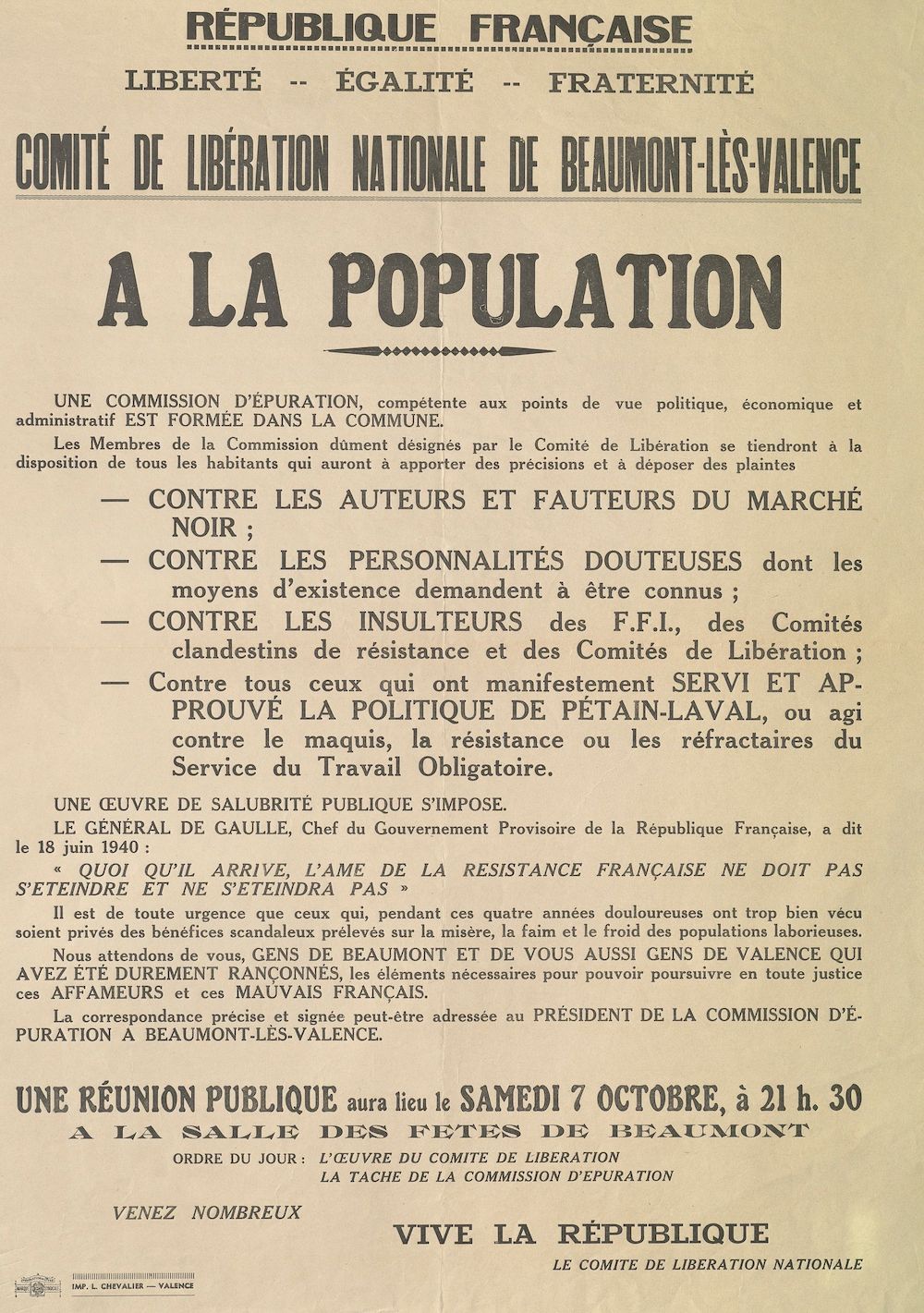 Comité de Libération Nationale de Beaumont-lès-Valence. A la population : [appel]