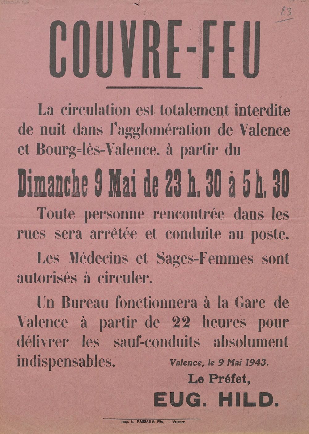 Couvre-feu [à Valence et Bourg-lès-Valence le 9 mai 1943]