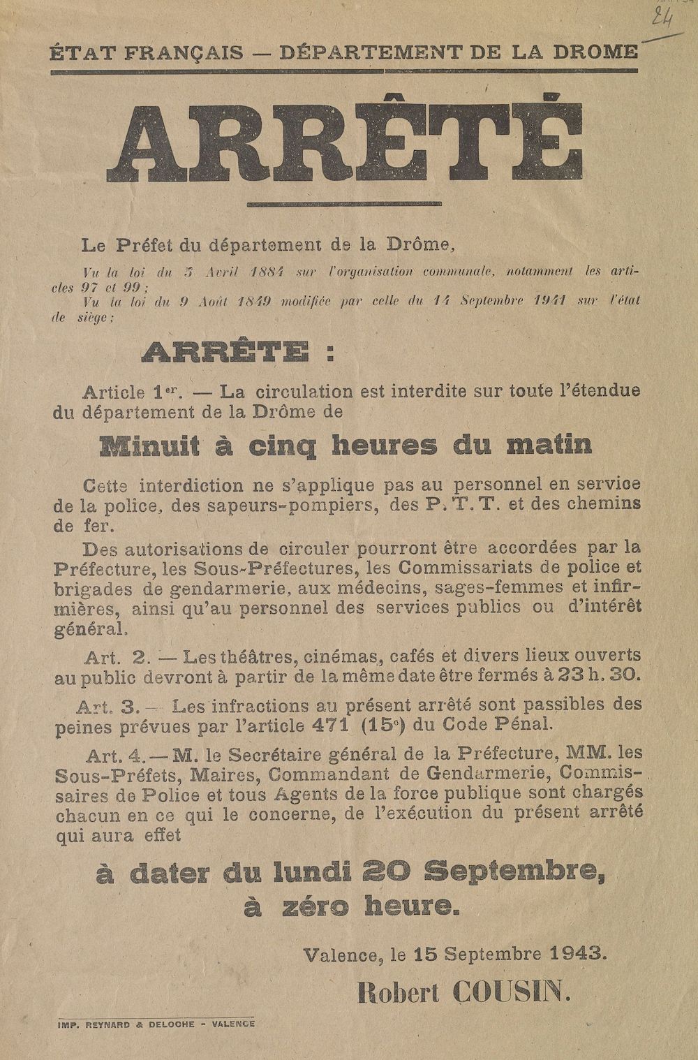 Département de la Drôme. Arrêté [couvre-feu dans la Drôme, 20 septembre 1943]