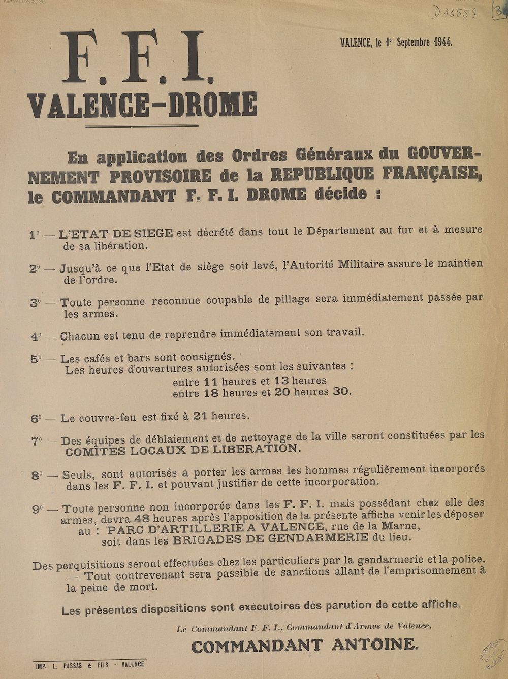 F.F.I. Valence - Drôme : [Ordres généraux du Gouvernement Provisoire de la République Française]