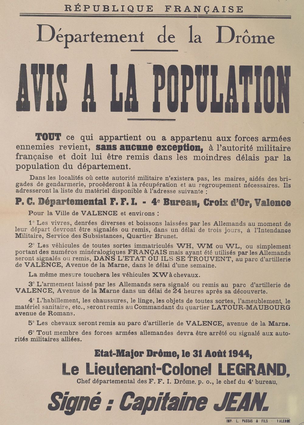 Département de la Drôme : Avis à la population [restitution de tout ce qui a appartenu à l'armée allemande au bureau départemental des Forces Françaises de l'Intérieur]