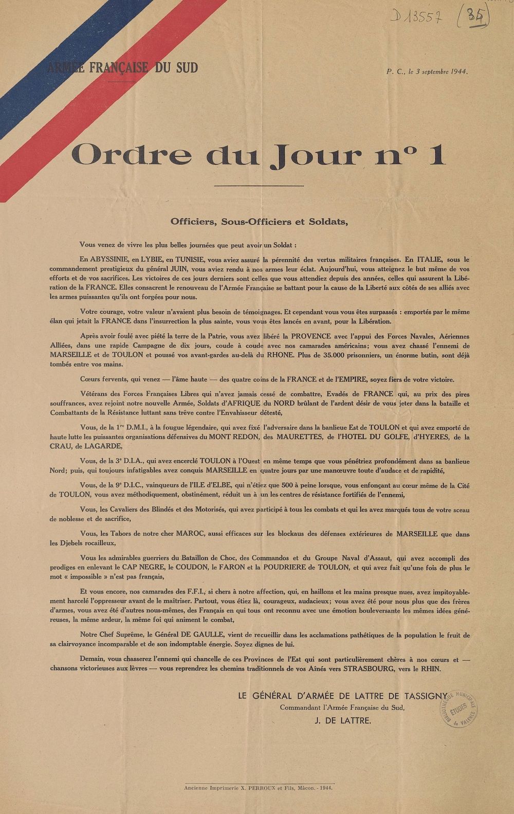 Armée française du sud. Ordre du jour n°1