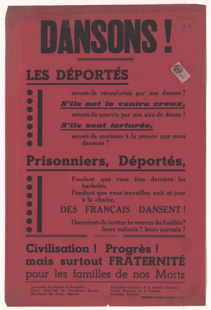 Dansons ! Les déportés seront-ils réconfortés par nos danses ? [17 février 1945 à l'occasion d'un bal donné par les Jeunesses Socialistes à Valence]