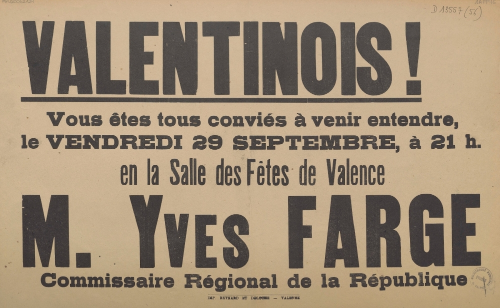 Valentinois ! [Invitation publique à la conférence d'Yves Farge]