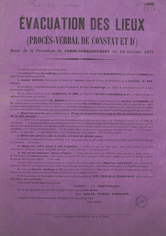 Evacuation des lieux (procès-verbal de constat et d') : Suite de la procédure du congé-commandement du 14 octobre 1877