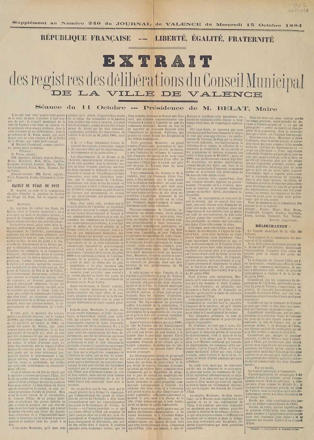 Supplément au n°240 du Journal de Valence du mercredi 15 octobre 1884 : extrait des registres des délibérations du Conseil Municipal de la ville de Valence. Séance du 11 octobre 