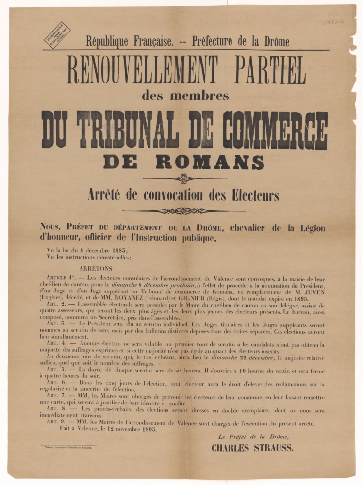 Préfecture de la Drôme. Renouvellement partiel des membres du tribunal de commerce de Romans : Arrêté de convocation des Electeurs [le 12 novembre 1895]