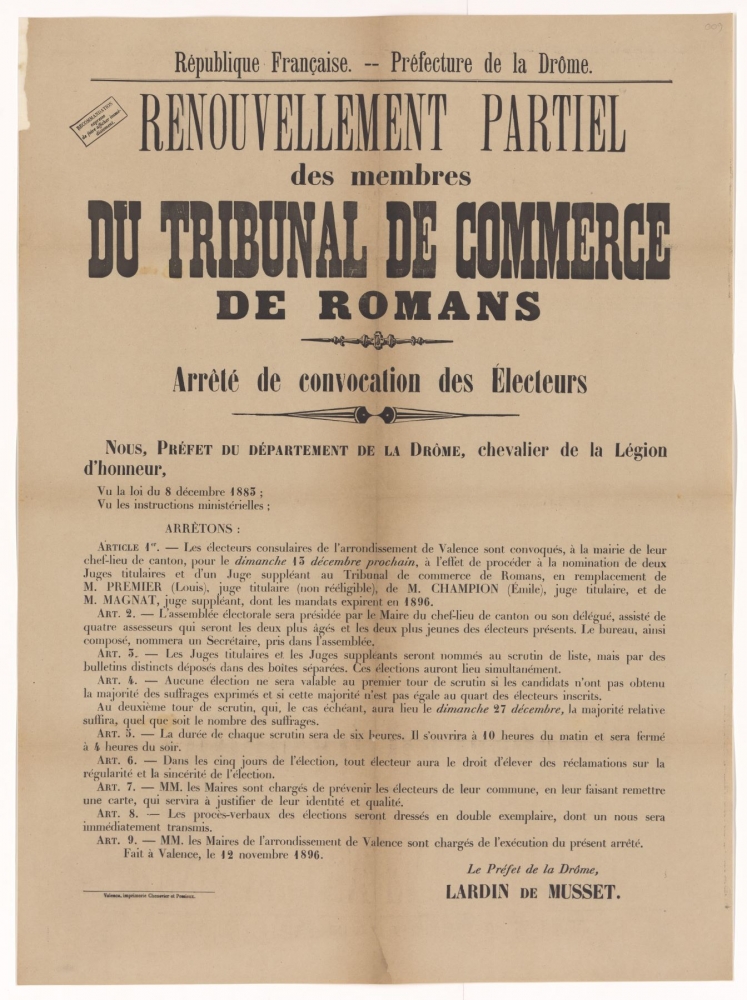 Préfecture de la Drôme. Renouvellement partiel des membres du tribunal de commerce de Romans : Arrêté de convocation des Electeurs [le 12 novembre 1896]