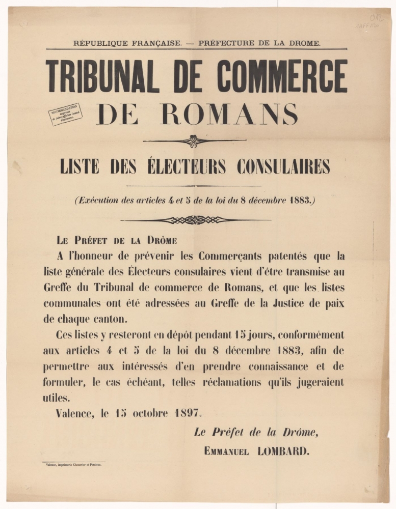 Préfecture de la Drôme. Tribunal de commerce de Romans : liste des électeurs consulaires [Valence, 15 octobre 1897]