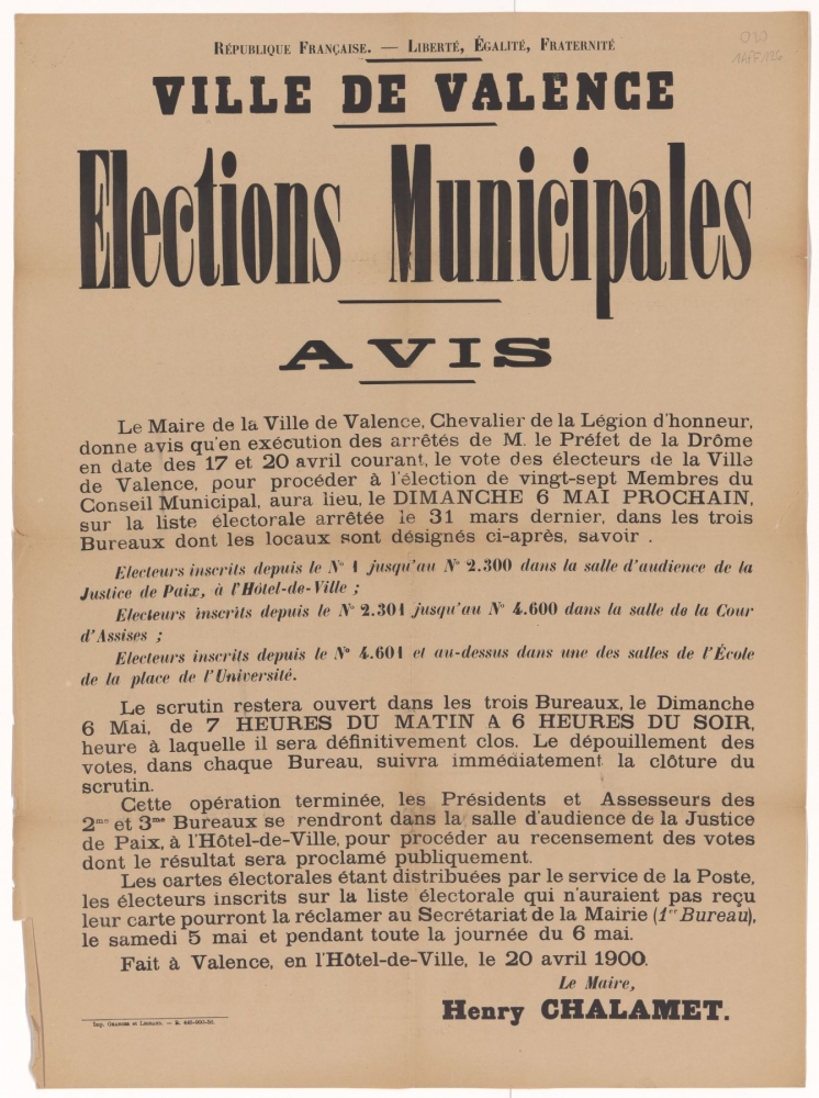 Ville de Valence. Élections municipales : Avis [Valence, 20 avril 1900]