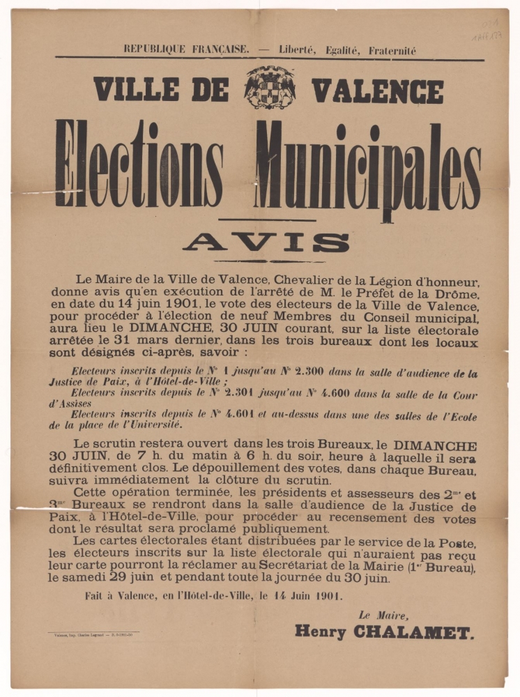 Ville de Valence. Élections municipales : Avis [Valence, 14 juin 1901]