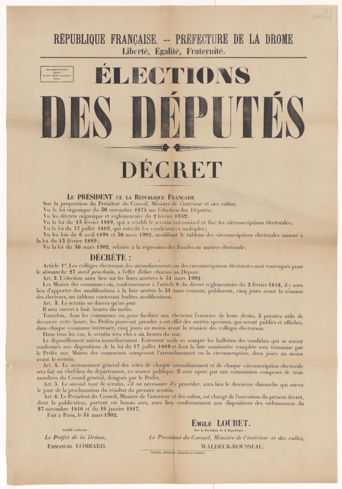 Préfecture de la Drôme. Élections des députés : Décret [Paris, 31 mars 1902]