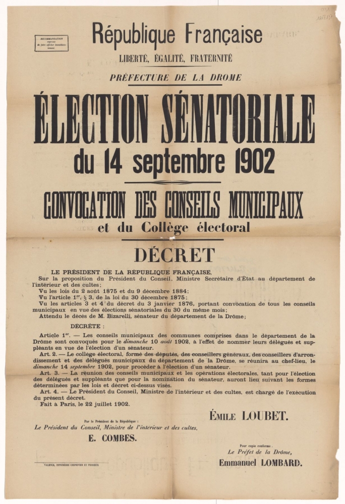 Préfecture de la Drôme. Élection sénatoriale du 14 septembre 1902 : Convocation des Conseils Municipaux et du Collège électoral : Décret [Paris, 22 juillet 1902]