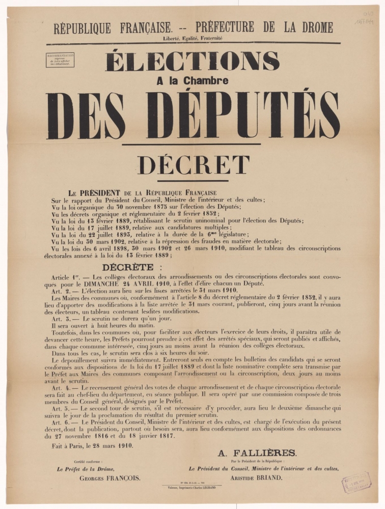 Préfecture de la Drôme. Élections à la Chambre des députés : Décret [Paris, 28 mars 1910]