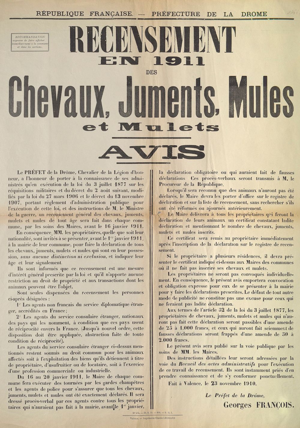 Préfecture de la Drôme. Recensement en 1911 des Chevaux, Juments, Mules et Mulets : Avis [Valence, 23 novembre 1910]