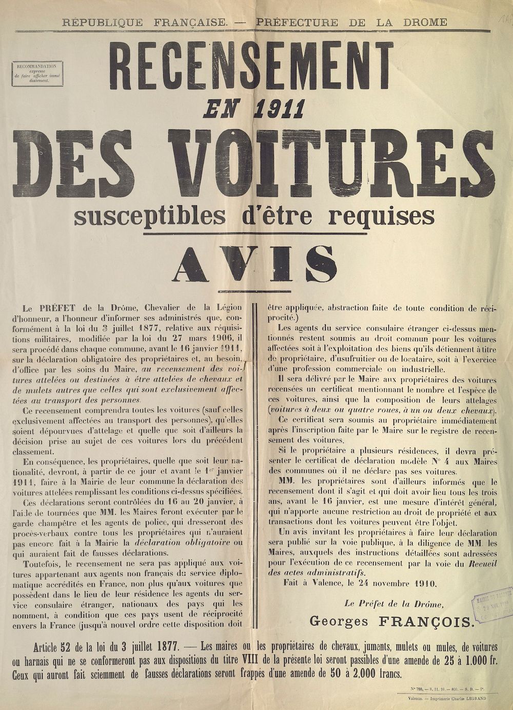 Préfecture de la Drôme. Recensement en 1911 des voitures susceptibles d'être requises : Avis [Valence, 24 novembre 1910] 