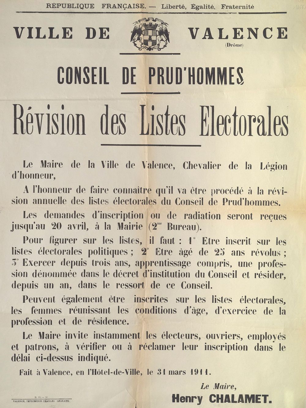 Ville de Valence. Conseil de Prud'hommes : Révisions des Listes Electorales [Valence, 31 mars 1911]