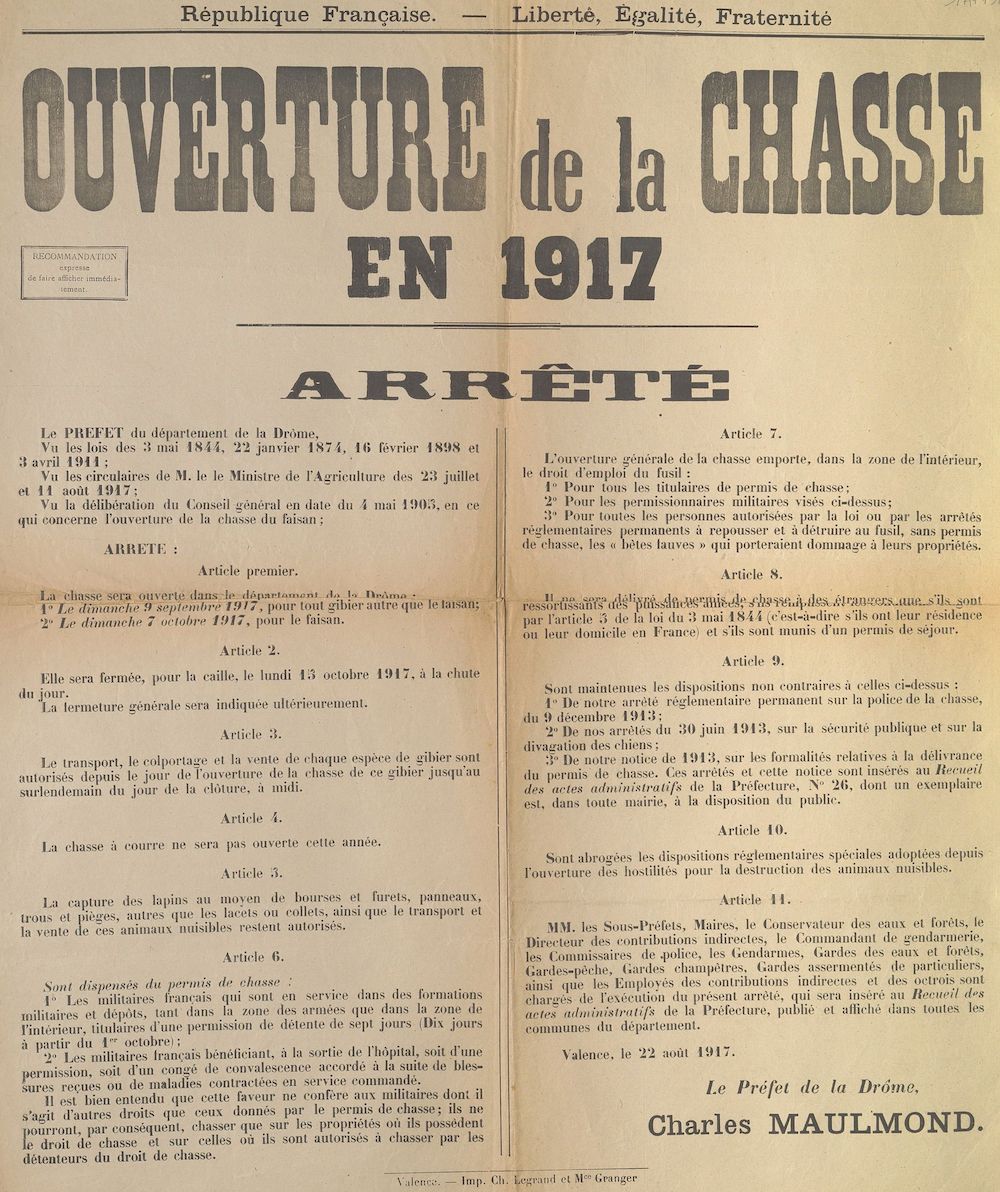 Ouverture de la chasse en 1917 : Arrêté