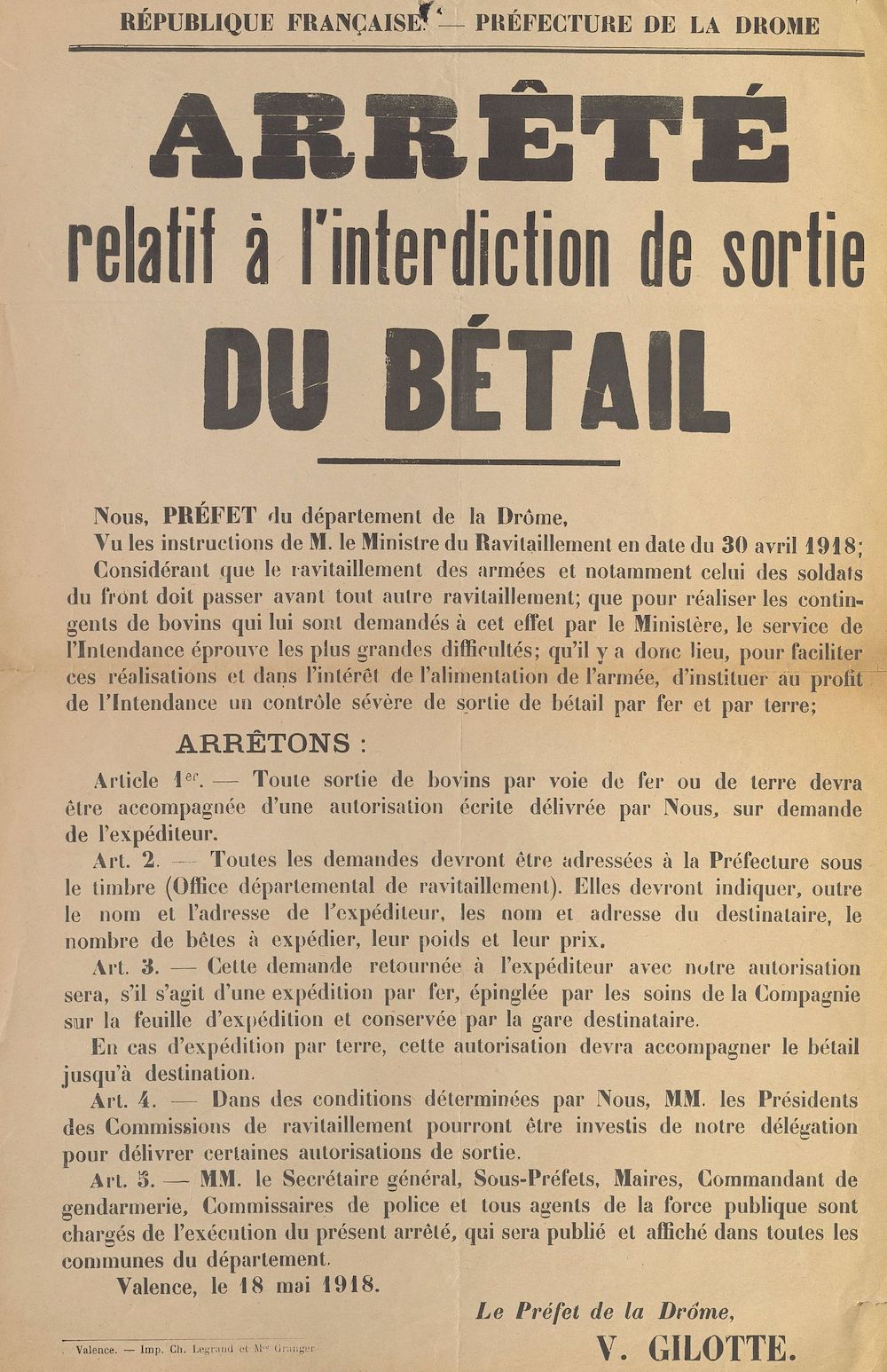 Préfecture de la Drome : Arrêté relatif à l'interdiction de sortie du bétail [Valence, 18 mai 1918]