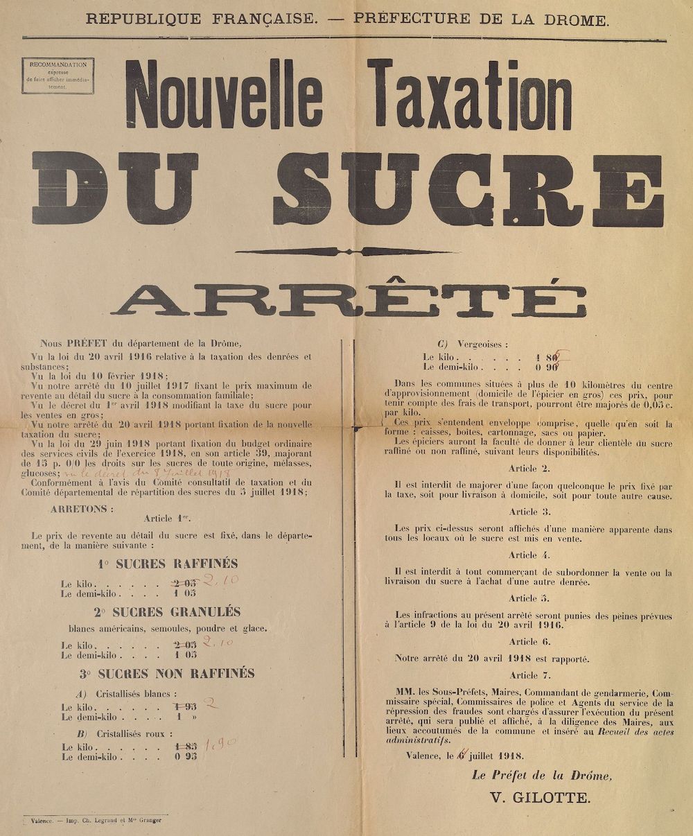 Préfecture de la Drôme. Nouvelle taxation du sucre : Arrêté [Valence, le 6 juillet 1918]