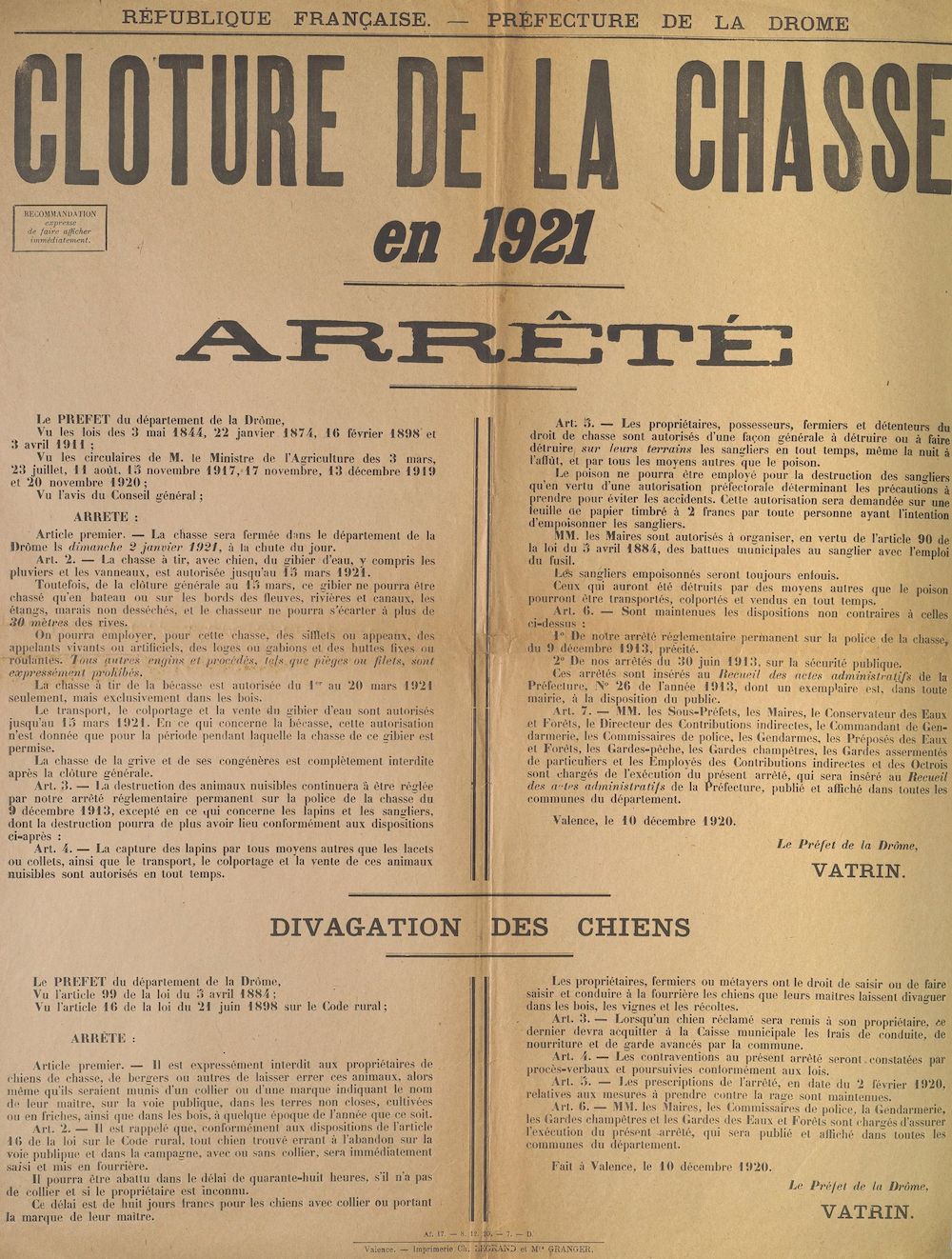 Préfecture de la Drôme. Clôture de la chasse en 1921 : Arrêté [Valence, le 10 décembre 1920]