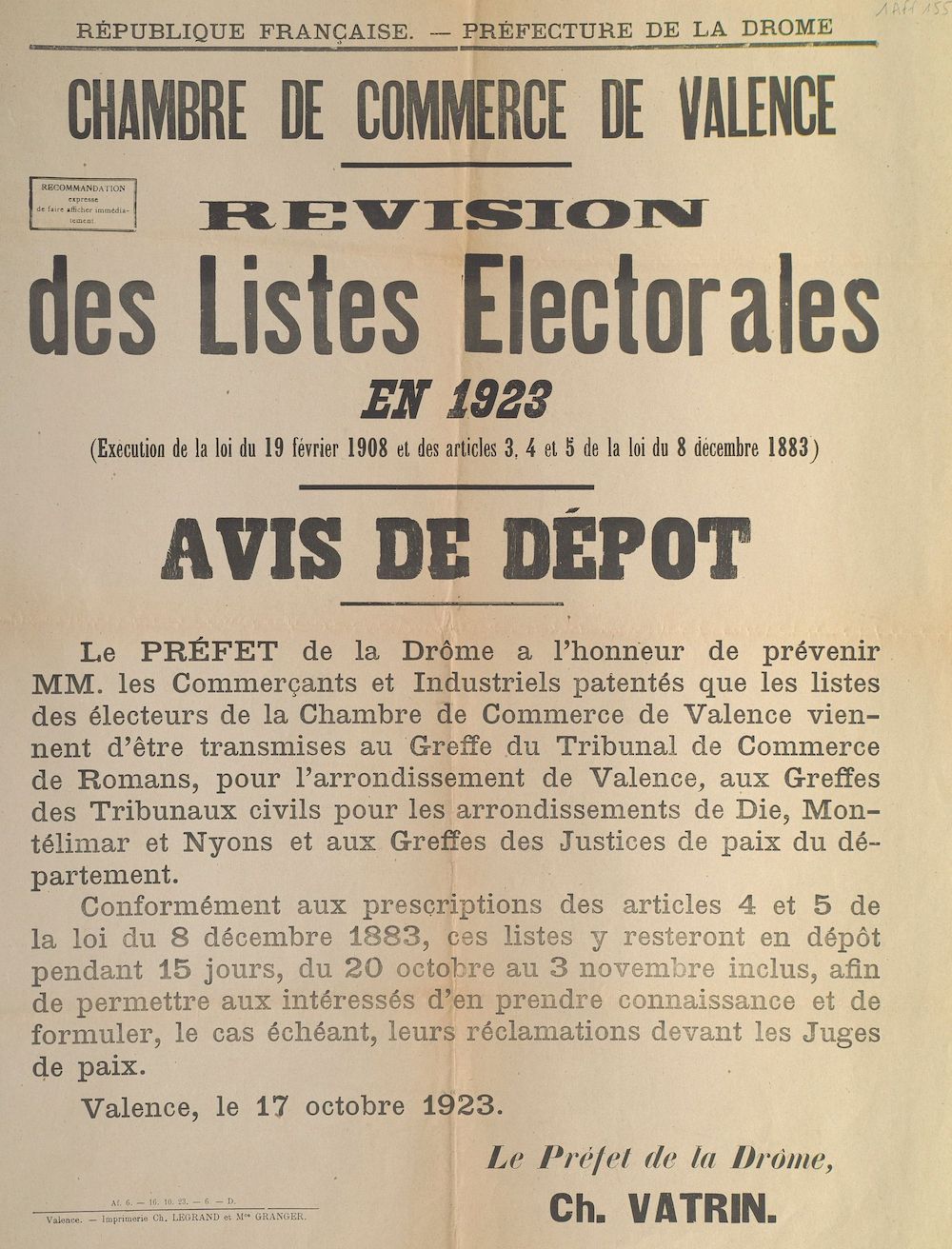 Préfecture de la Drôme. Chambre de commerce de Valence : Révision des Listes Electorales en 1923