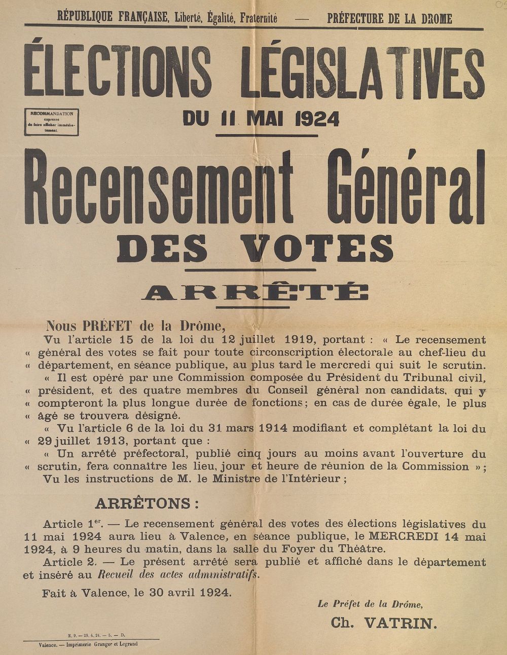 Préfecture de la Drôme. Élections législatives du 11 mai 1924 : Recensement général des votes. Arrêté