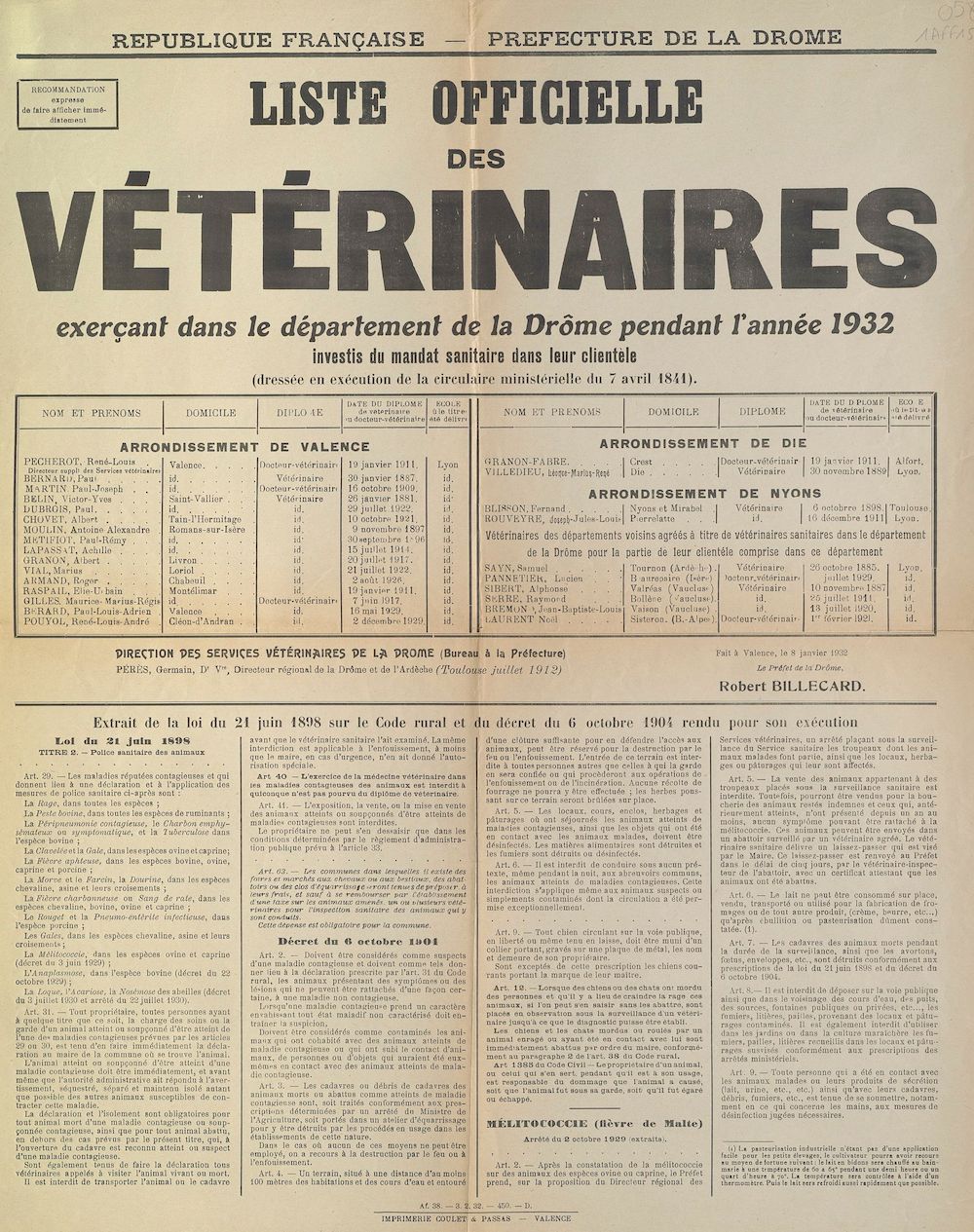 Préfecture de la Drôme : Liste officielle des vétérinaires exerçant dans le département de la Drôme pendant l'année 1932 [Valence, le 8 janvier 1932]