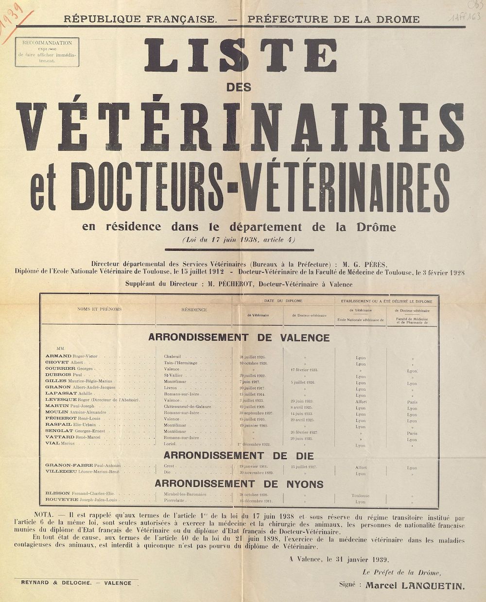 Préfecture de la Drôme : Liste des vétérinaires et docteurs-vétérinaires en résidence dans le département de la Drôme [Valence, 31 janvier 1939]