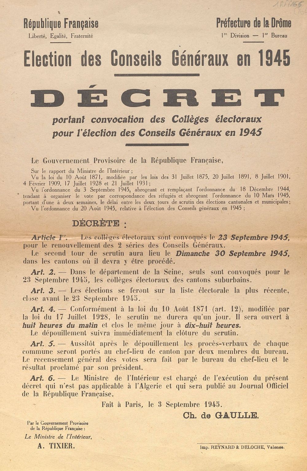 Préfecture de la Drôme. Élection des Conseils Généraux en 1945 : Décret portant convocation des collèges électoraux pour l'élection des Conseils Généraux en 1945