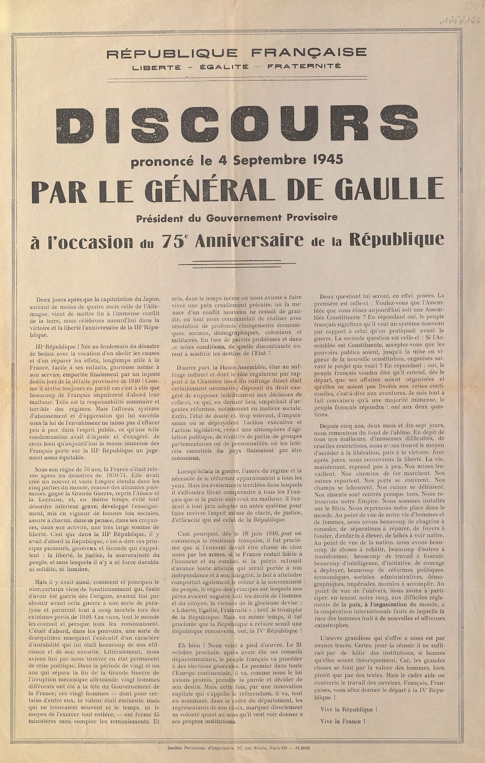 Discours du général De Gaulle prononcé le 4 septembre 1945 à l'occasion du 75e anniversaire de la République