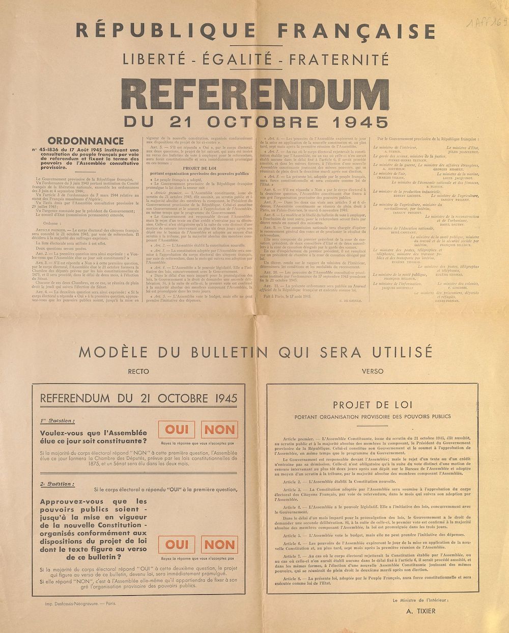 Référendum du 21 octobre 1945. Ordonnance du 17 août 1945 