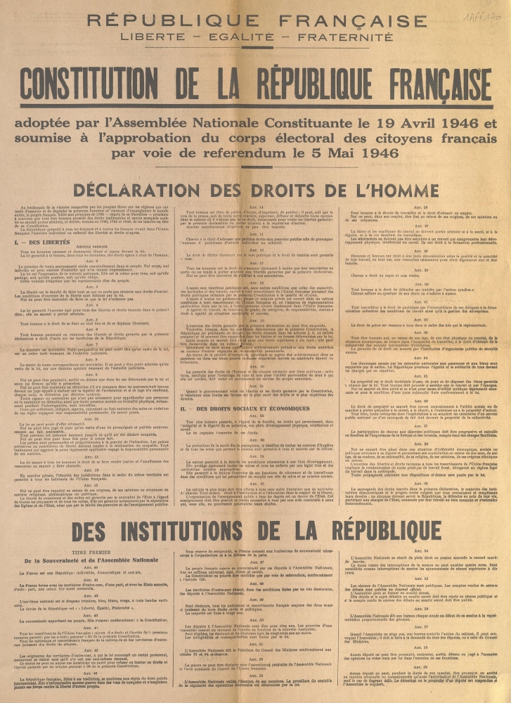 Constitution de la République Française adoptée par l'Assemblée Nationale Constituante le 19 avril 1946 et soumise à l'approbation du corps électoral des citoyens français par voie de référendum le 5 mai 1946